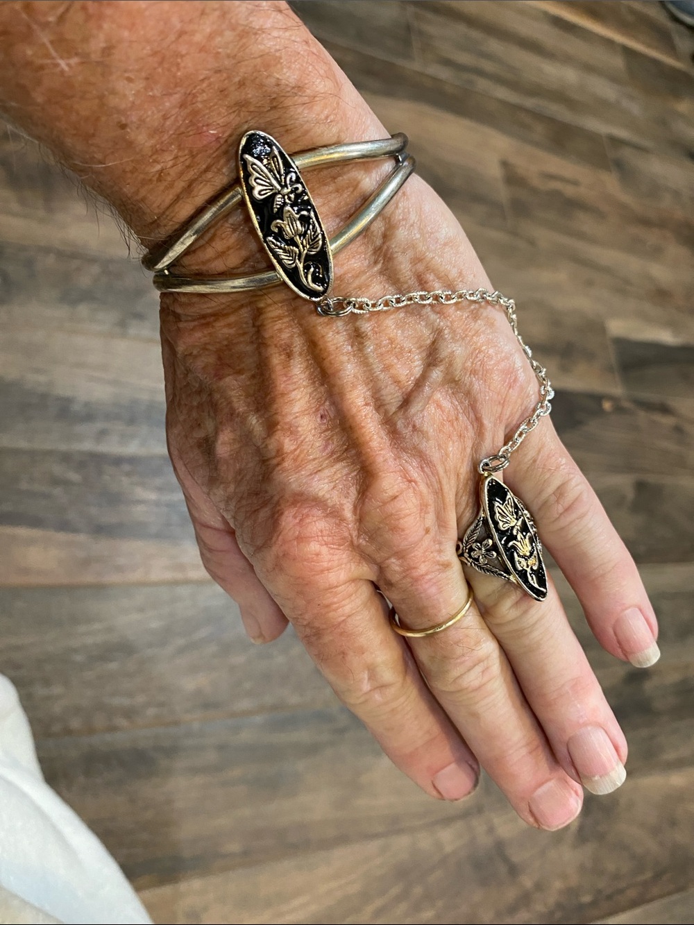 Silver-Tone Black Enamel Fleur Hand Chain - Women Jewelry